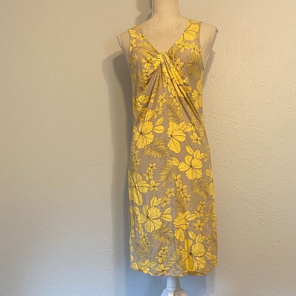 Tommy Bahama Yellow and Beige Floral Print Twist Front Sleeveless Dress Size S